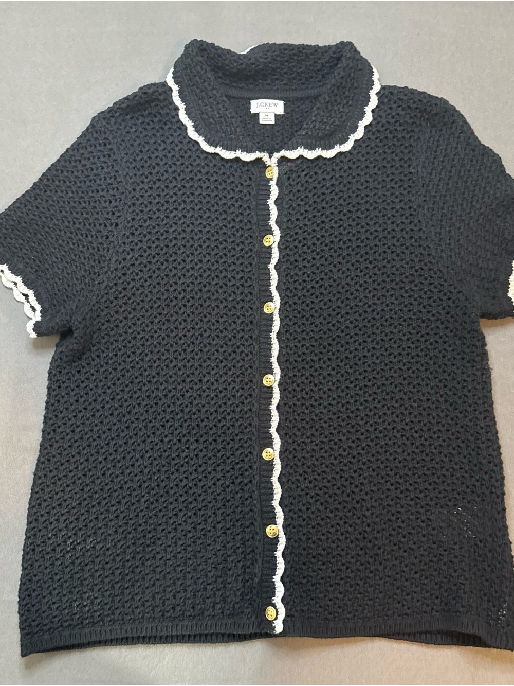 J.Crew Women's Crochet Knit Button-Up Short Sleeve Black Cardigan White Trim Med